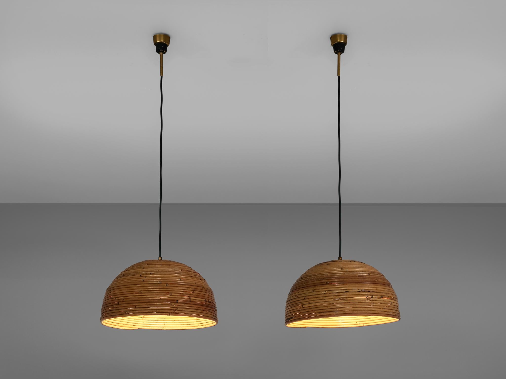Mid-Century Modern Dome Pendants in Bamboo Bentwood and Brass