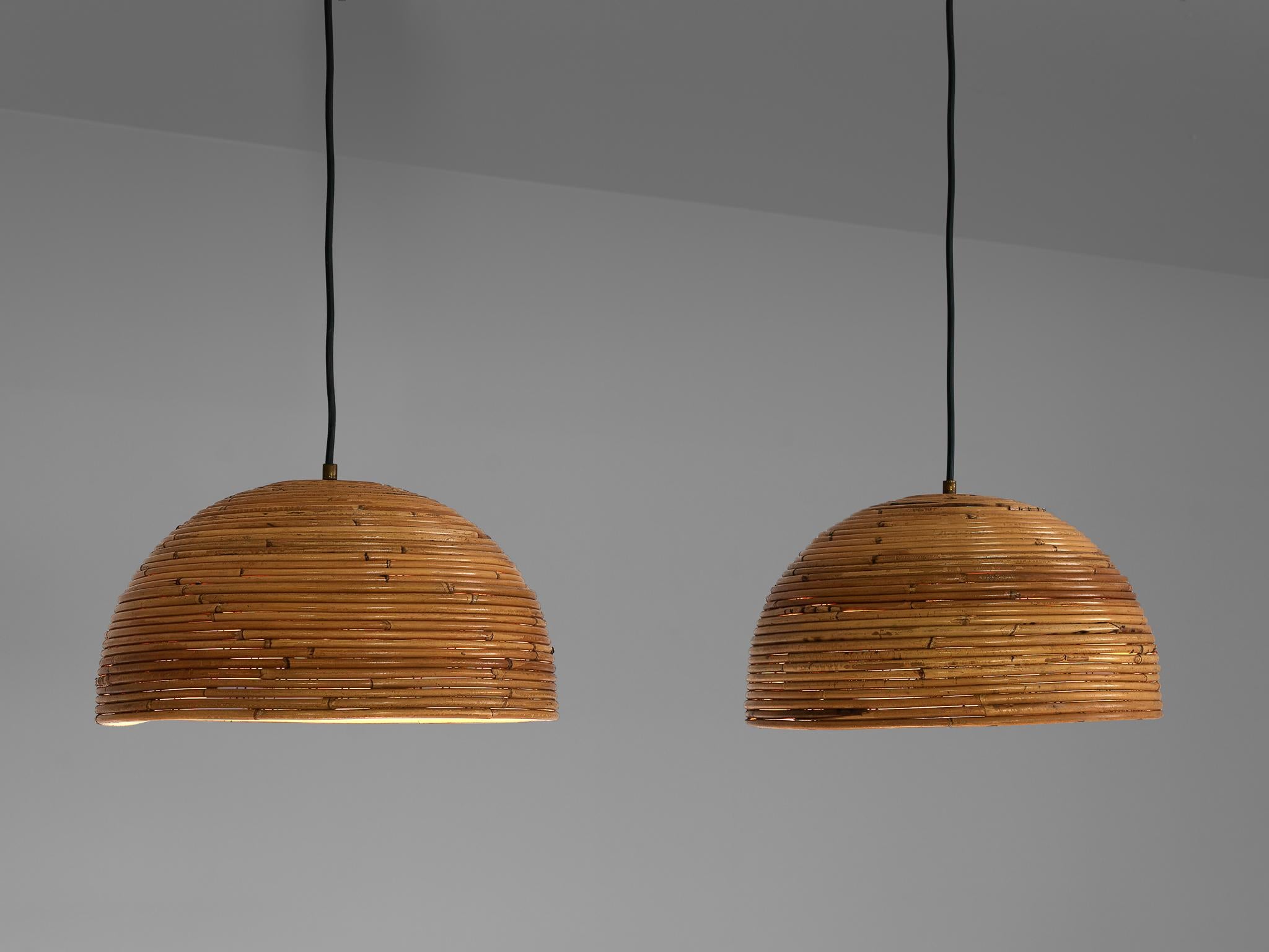 Mid-20th Century Dome Pendants in Bamboo Bentwood and Brass