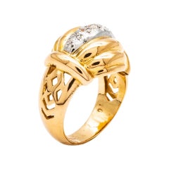 Retro Dome Ring 5 Diamonds Art Deco Style Yellow Gold 18 Karat 