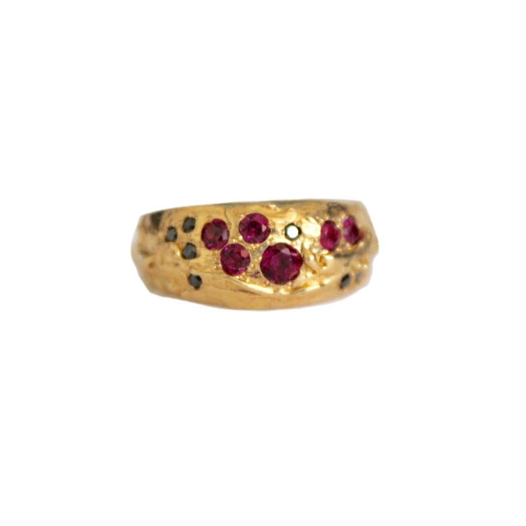 Artist Dome Ring with Black Diamonds and Pink Garnets in 14K Gold For Sale