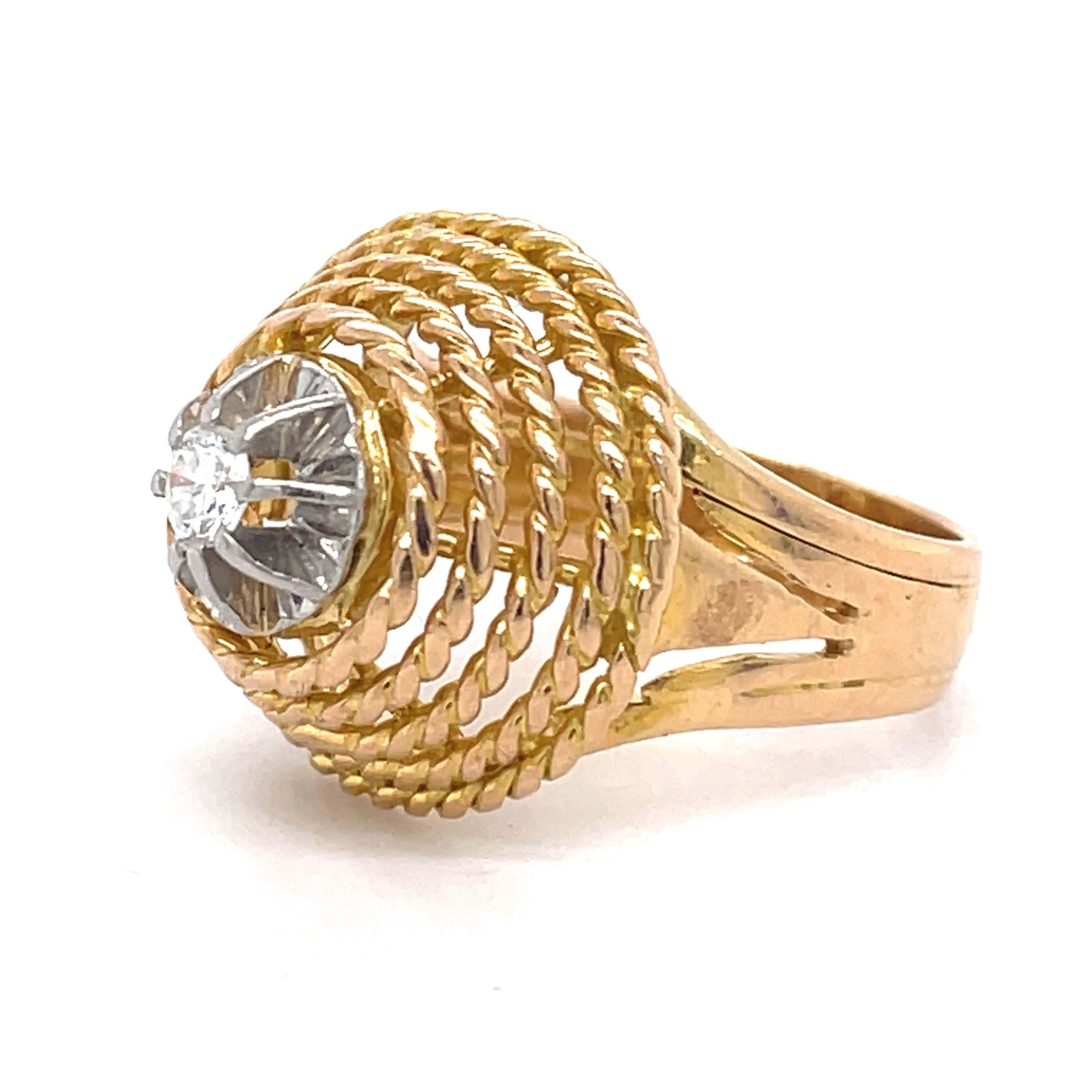 Round Cut Dome Rope Gold Ring - 14KGold + Platinum, 0.18ct Netural Diamond, Cocktail Ring For Sale