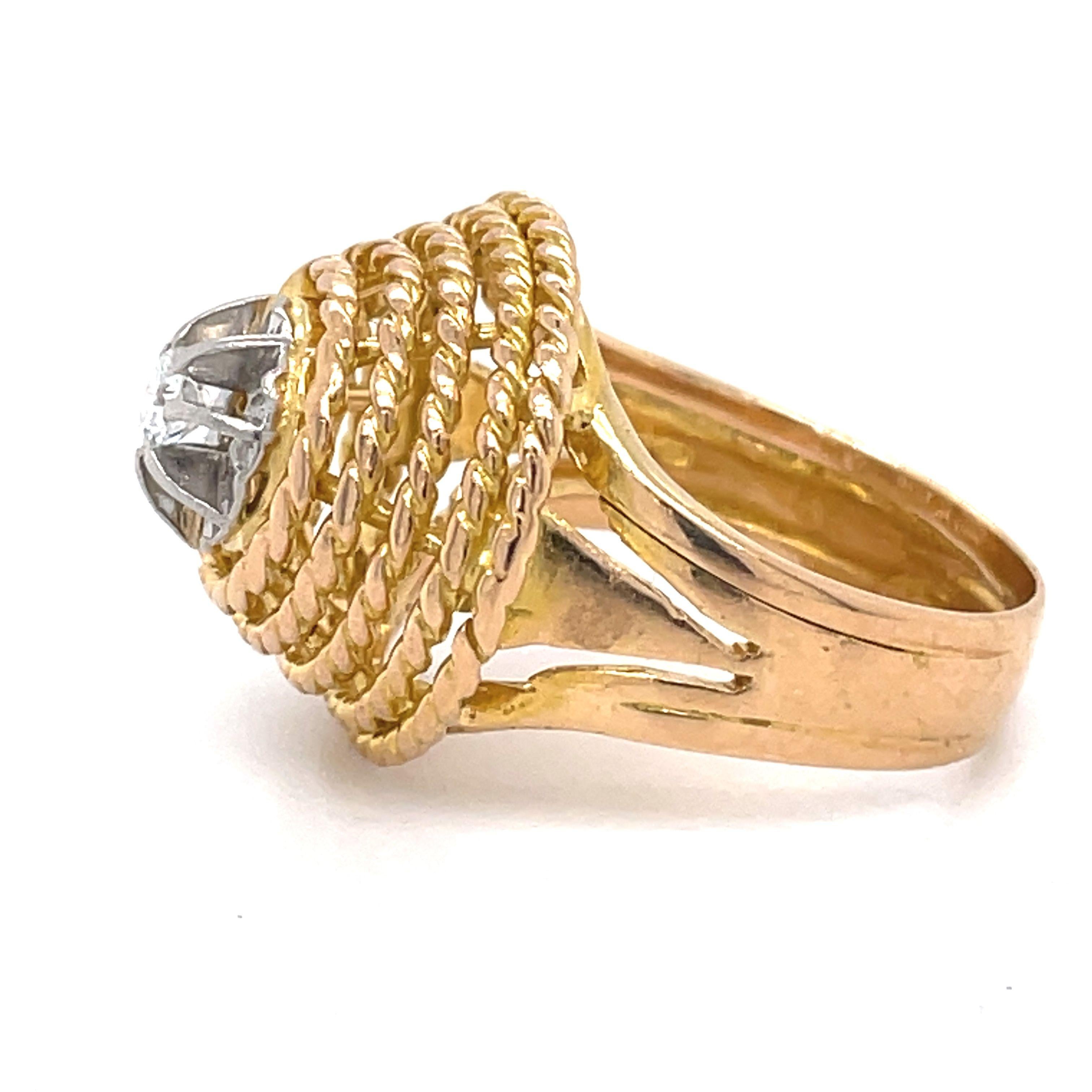 Dome Rope Gold Ring - 14KGold + Platinum, 0.18ct Netural Diamond, Cocktail Ring In Excellent Condition For Sale In Ramat Gan, IL