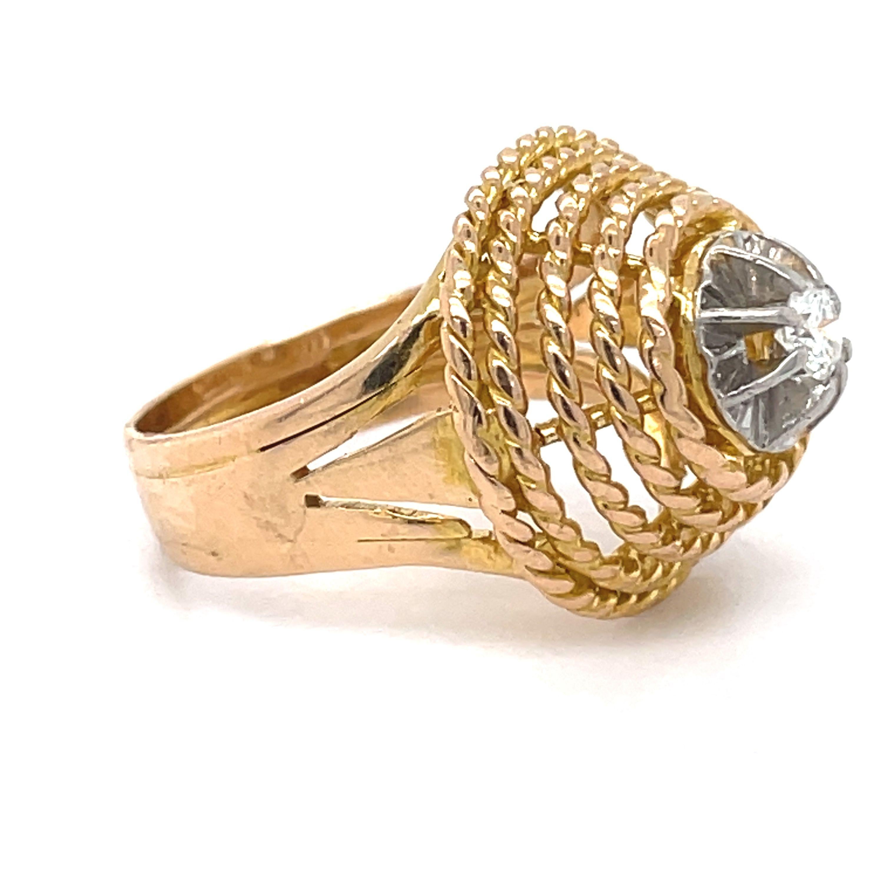 Dome Rope Gold Ring - 14KGold + Platinum, 0.18ct Netural Diamond, Cocktail Ring For Sale 2