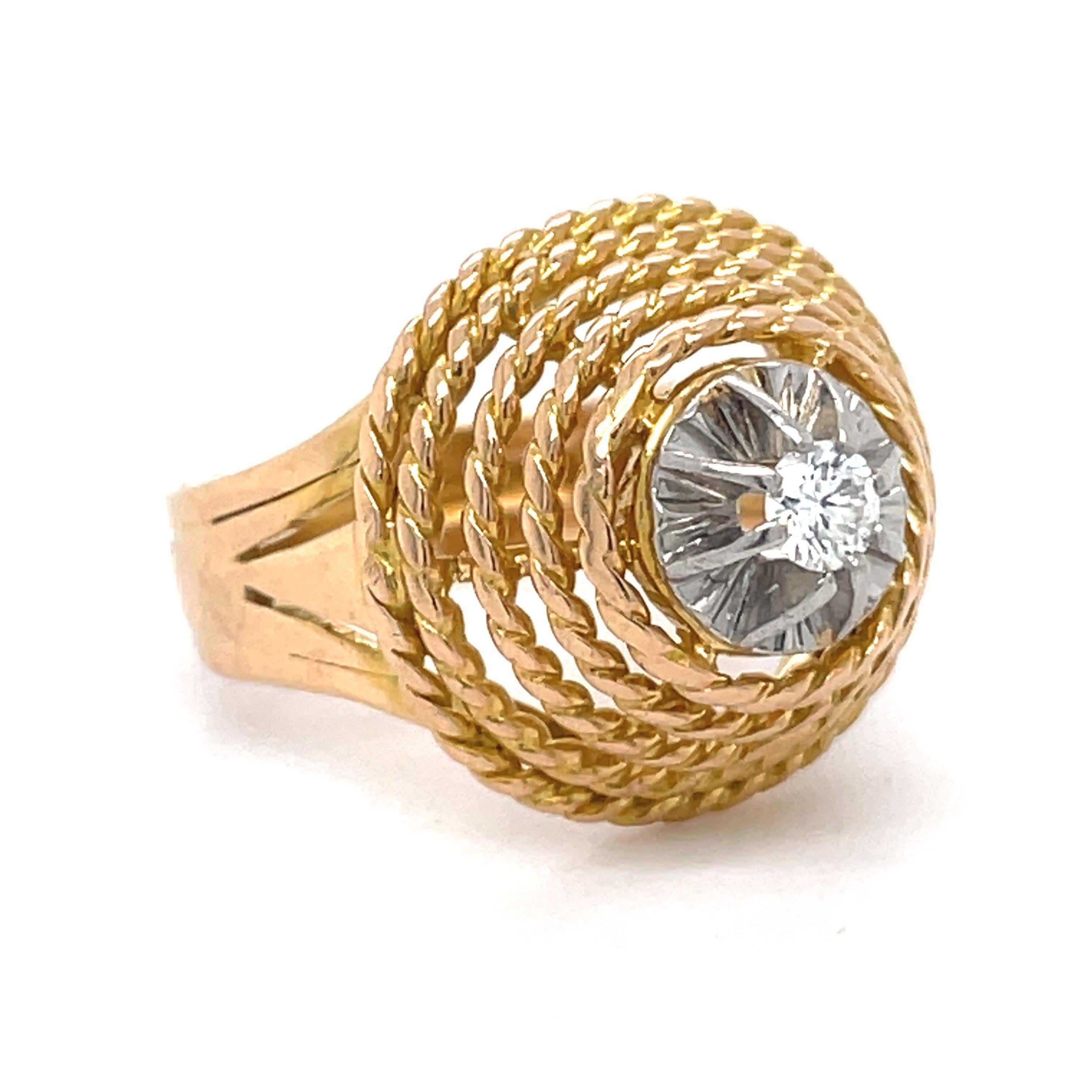 Dome Rope Gold Ring - 14KGold + Platinum, 0.18ct Netural Diamond, Cocktail Ring For Sale 3