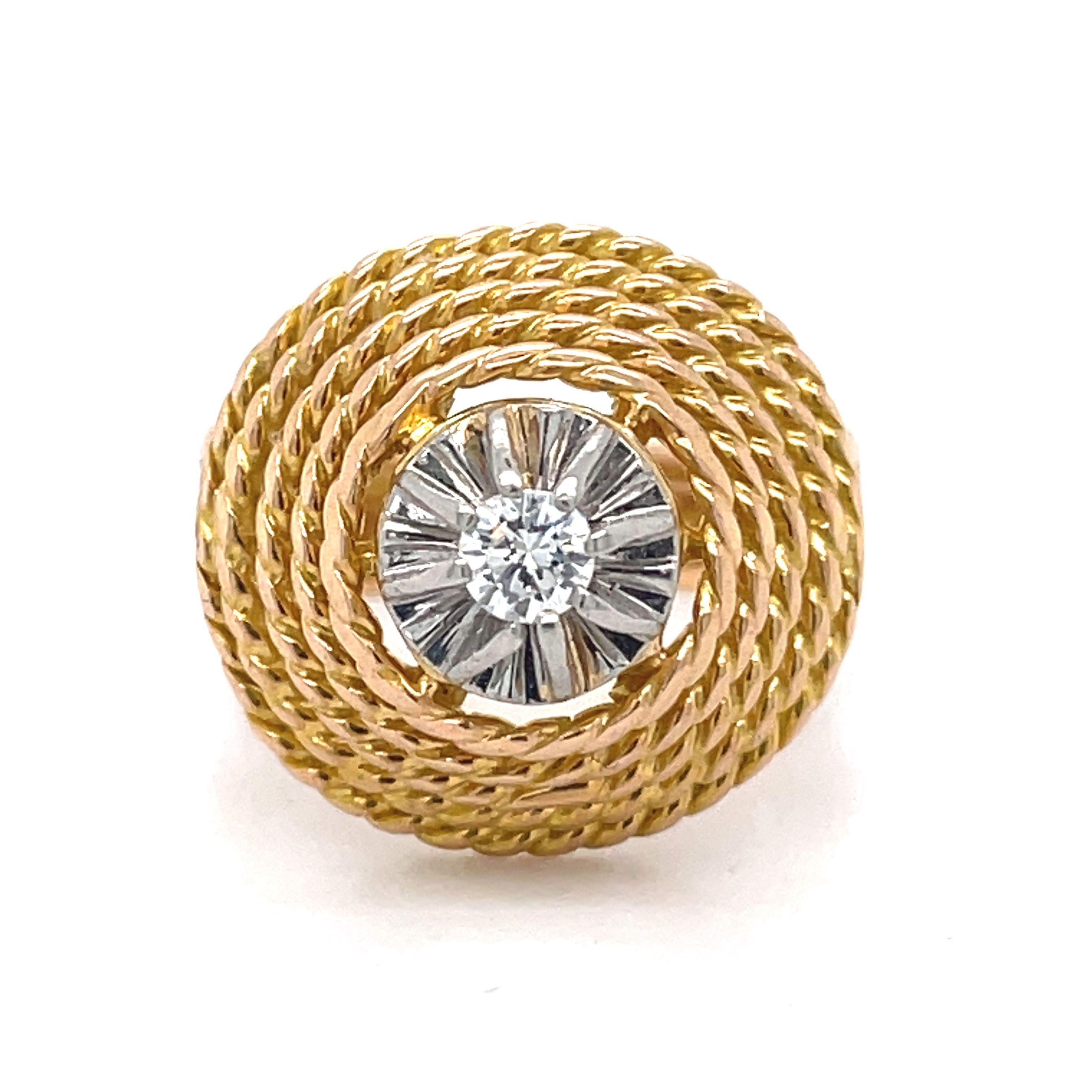 Dome Rope Gold Ring - 14KGold + Platinum, 0.18ct Netural Diamond, Cocktail Ring For Sale 4