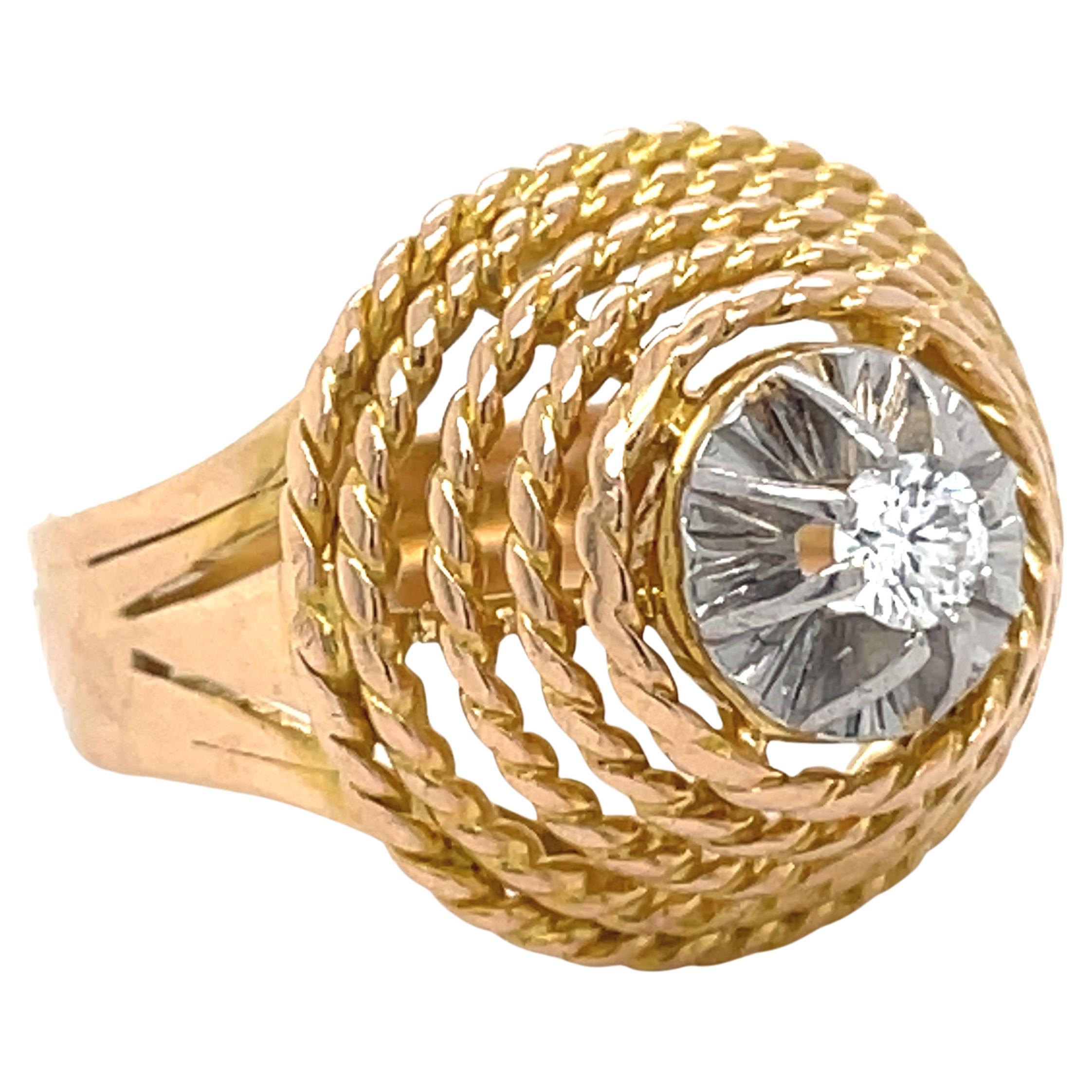 Dome Rope Gold Ring - 14KGold + Platinum, 0.18ct Netural Diamond, Cocktail Ring