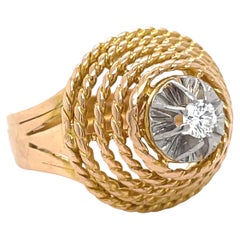 Dome Rope Gold Ring - 14KGold + Platin, 0,18ct Netural Diamant, Cocktail Ring