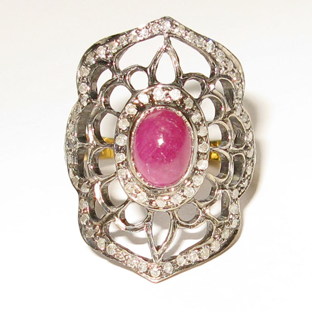 Modern Dome Shape Diamond and Ruby Designer Ring in Silver and Gold For Sale