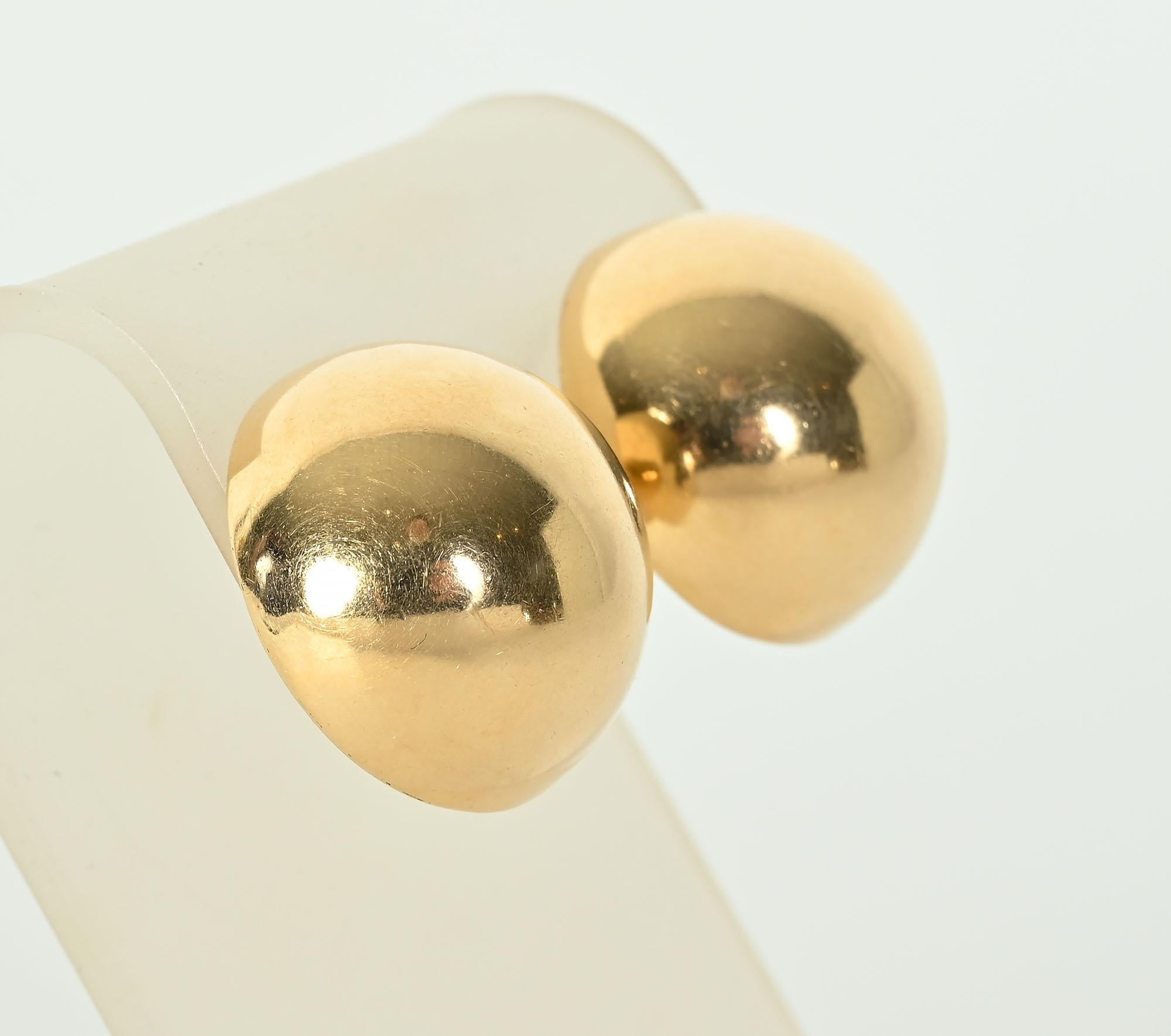 Nothing can be more classic than these dome shaped 14 karat gold earrings. They measure one inch in diameter and 3/4 inch in height. These are the ultimate everyday, everywhere earrings. They are large but light enough to be very comfortable.