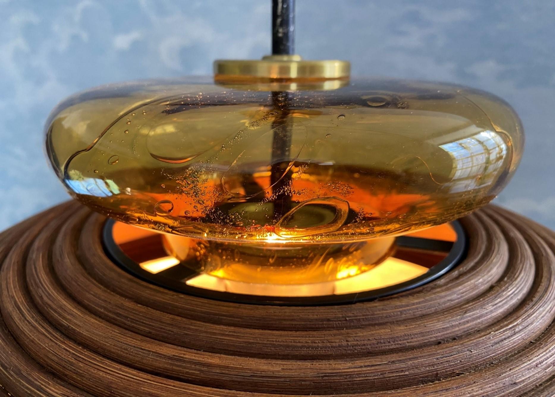 Dome-shaped Pencil Reed Pendant Lamp with Handblown Glass Crown, Italy 1960s 4