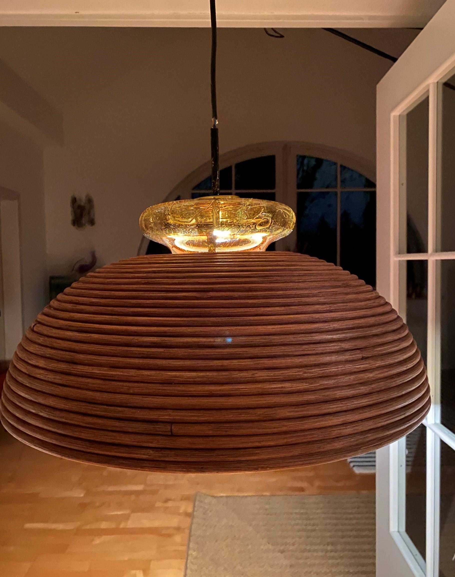 Dome-shaped Pencil Reed Pendant Lamp with Handblown Glass Crown, Italy 1960s 5