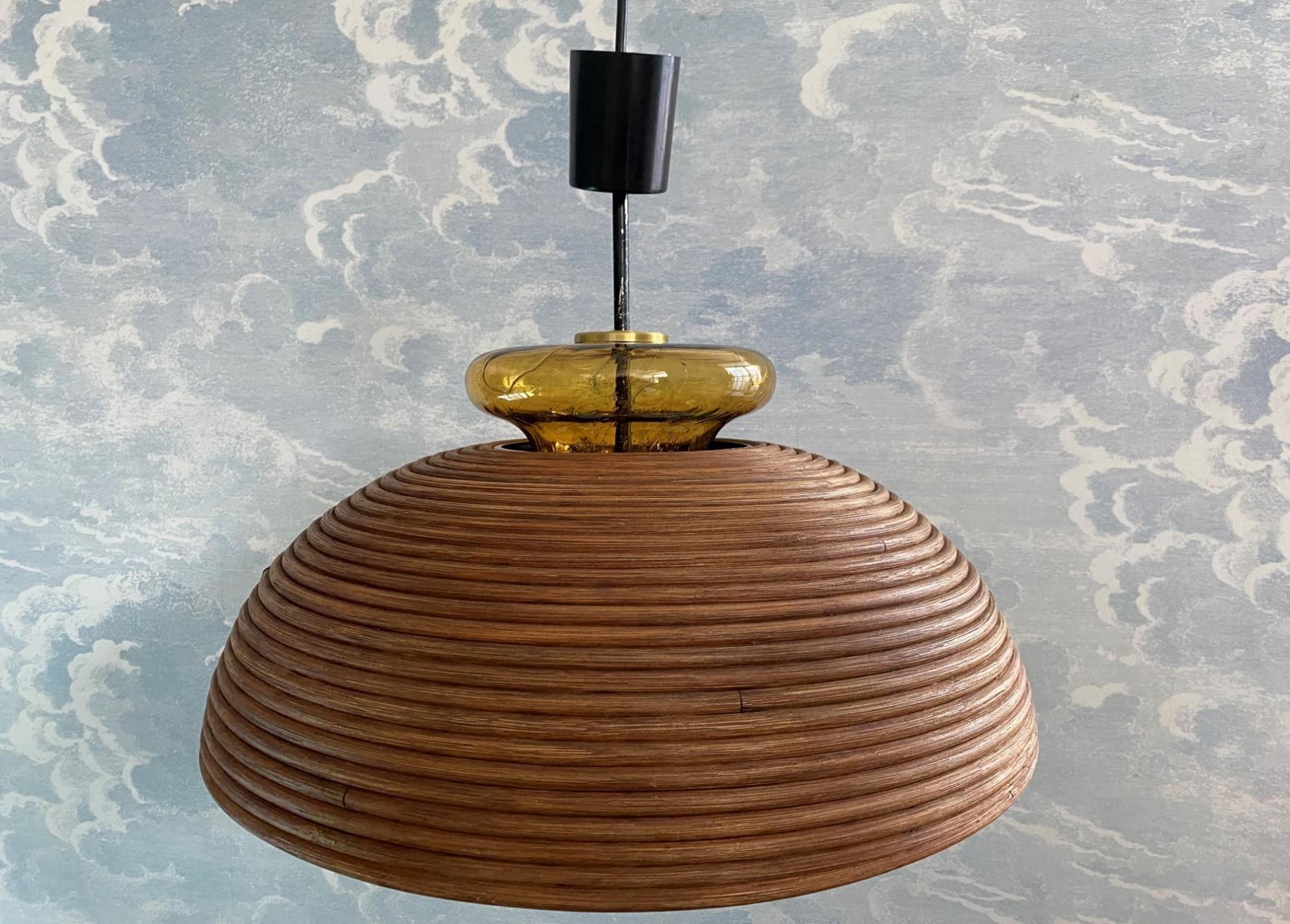 Dome-shaped Pencil Reed Pendant Lamp with Handblown Glass Crown, Italy 1960s 7
