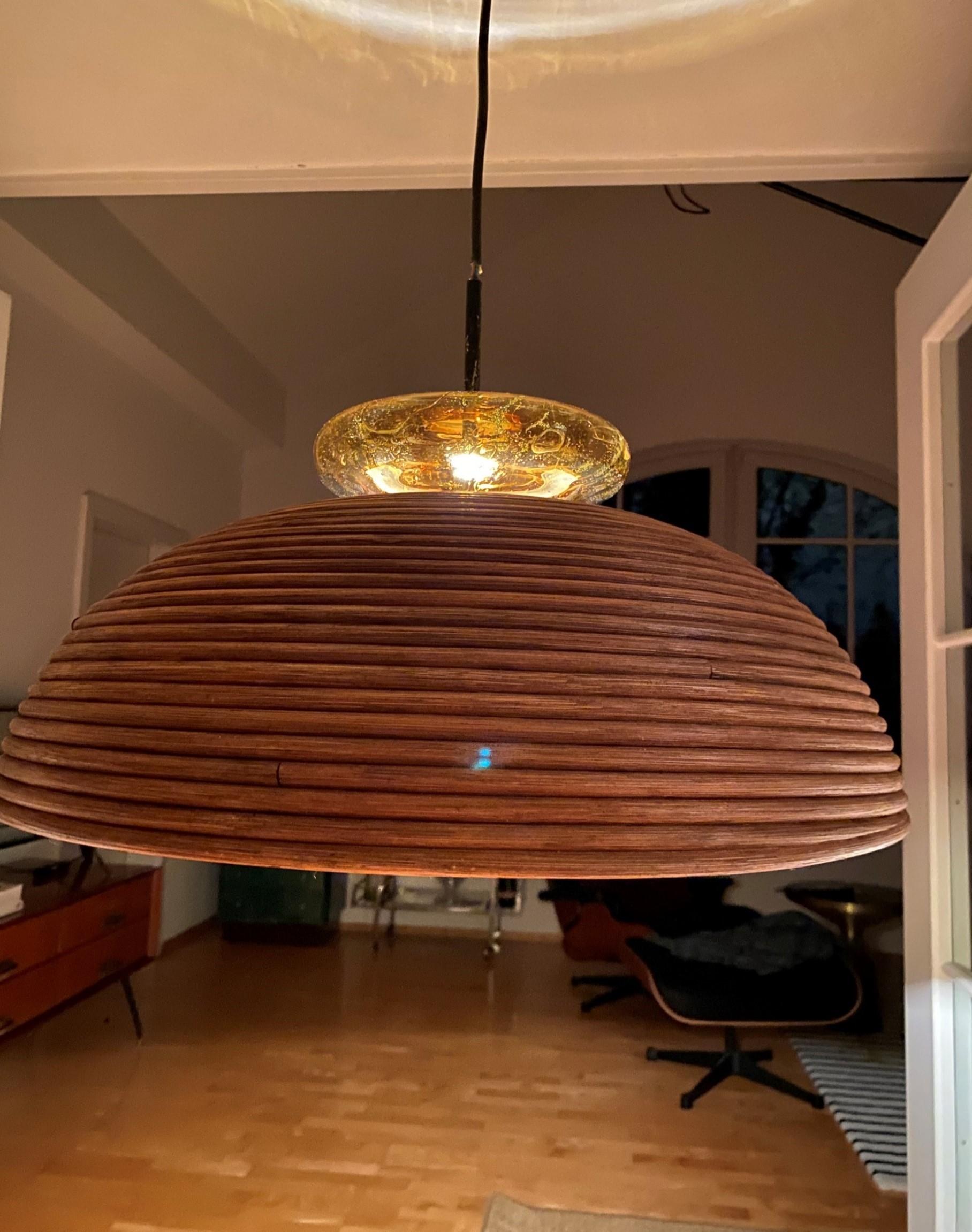 Dome-shaped Pencil Reed Pendant Lamp with Handblown Glass Crown, Italy 1960s 8