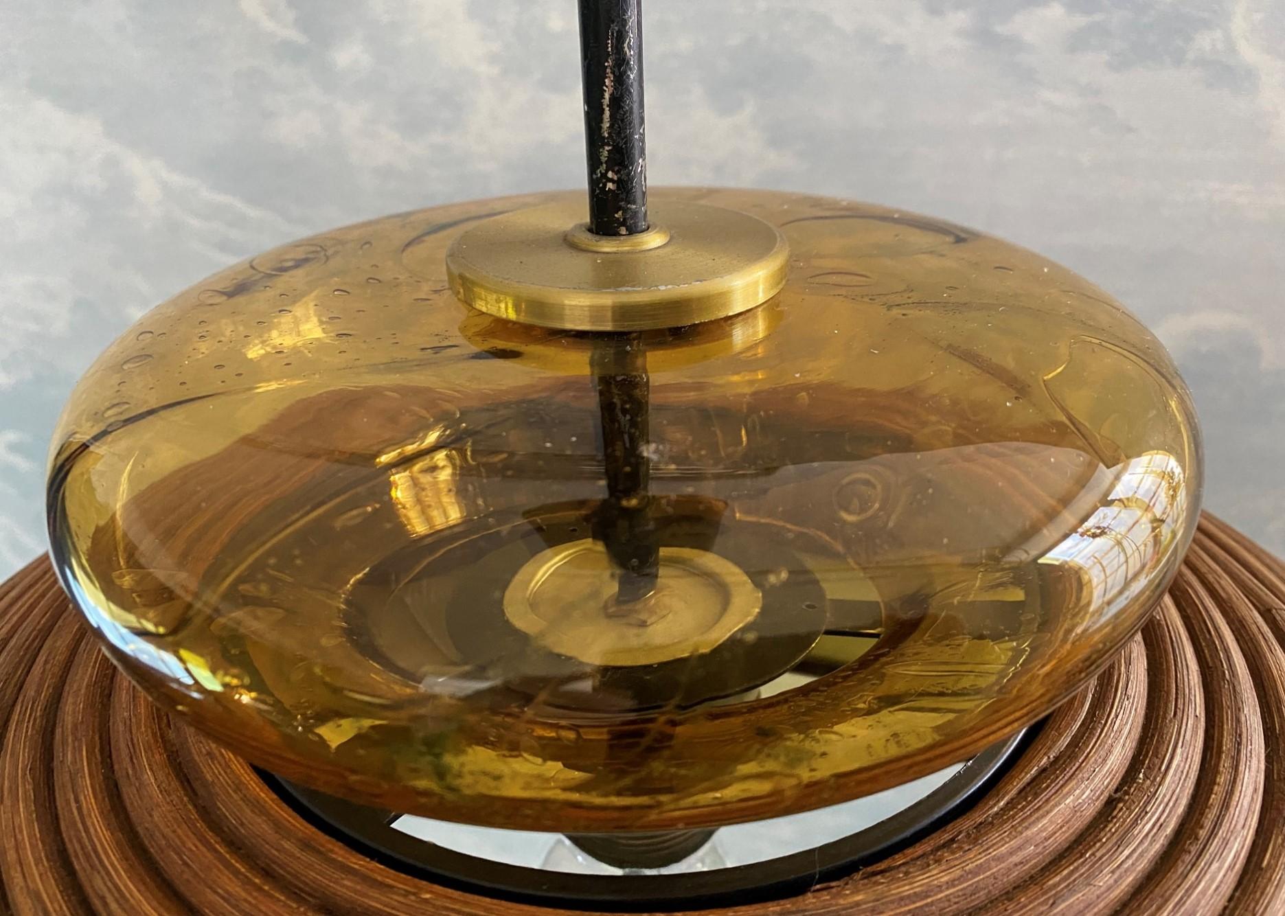 Mid-Century Modern Dome-shaped Pencil Reed Pendant Lamp with Handblown Glass Crown, Italy 1960s