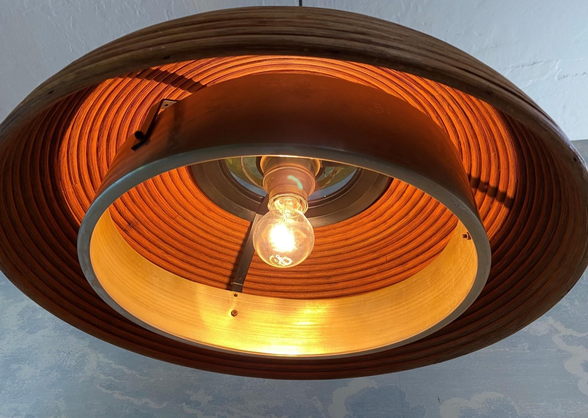 Italian Dome-shaped Pencil Reed Pendant Lamp with Handblown Glass Crown, Italy 1960s
