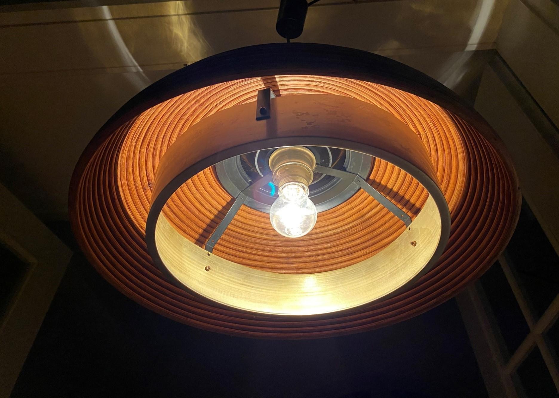 Dome-shaped Pencil Reed Pendant Lamp with Handblown Glass Crown, Italy 1960s In Good Condition In Cork, IE