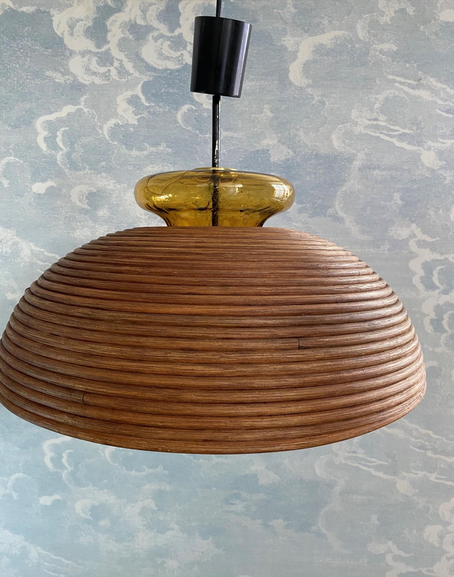 Dome-shaped Pencil Reed Pendant Lamp with Handblown Glass Crown, Italy 1960s 1