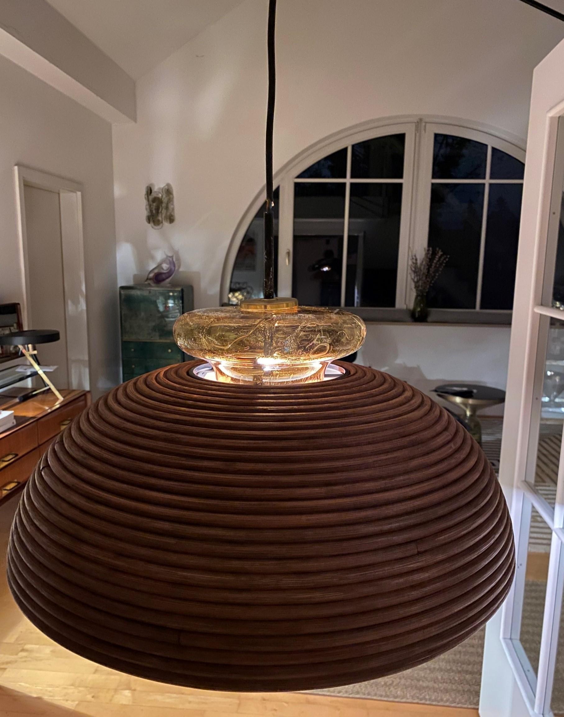 Dome-shaped Pencil Reed Pendant Lamp with Handblown Glass Crown, Italy 1960s 2
