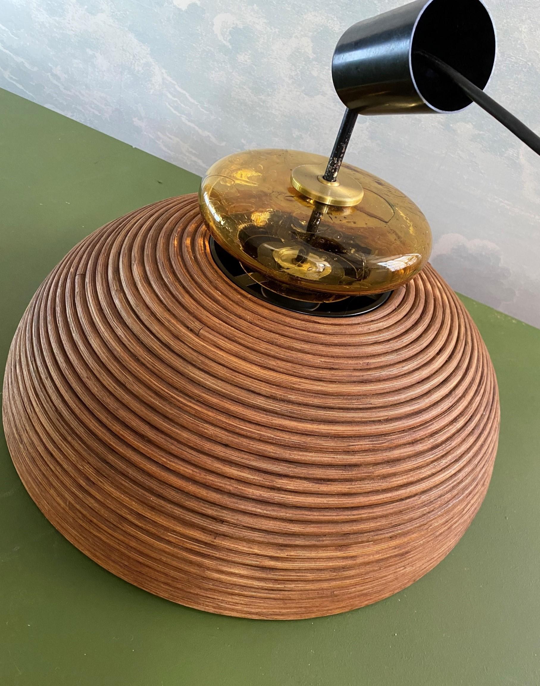 Dome-shaped Pencil Reed Pendant Lamp with Handblown Glass Crown, Italy 1960s 3