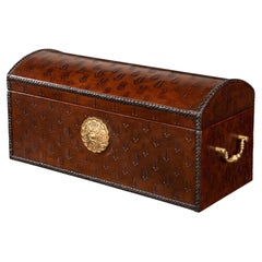Dome-Top Tooled Leather Box in Chestnut with Brass