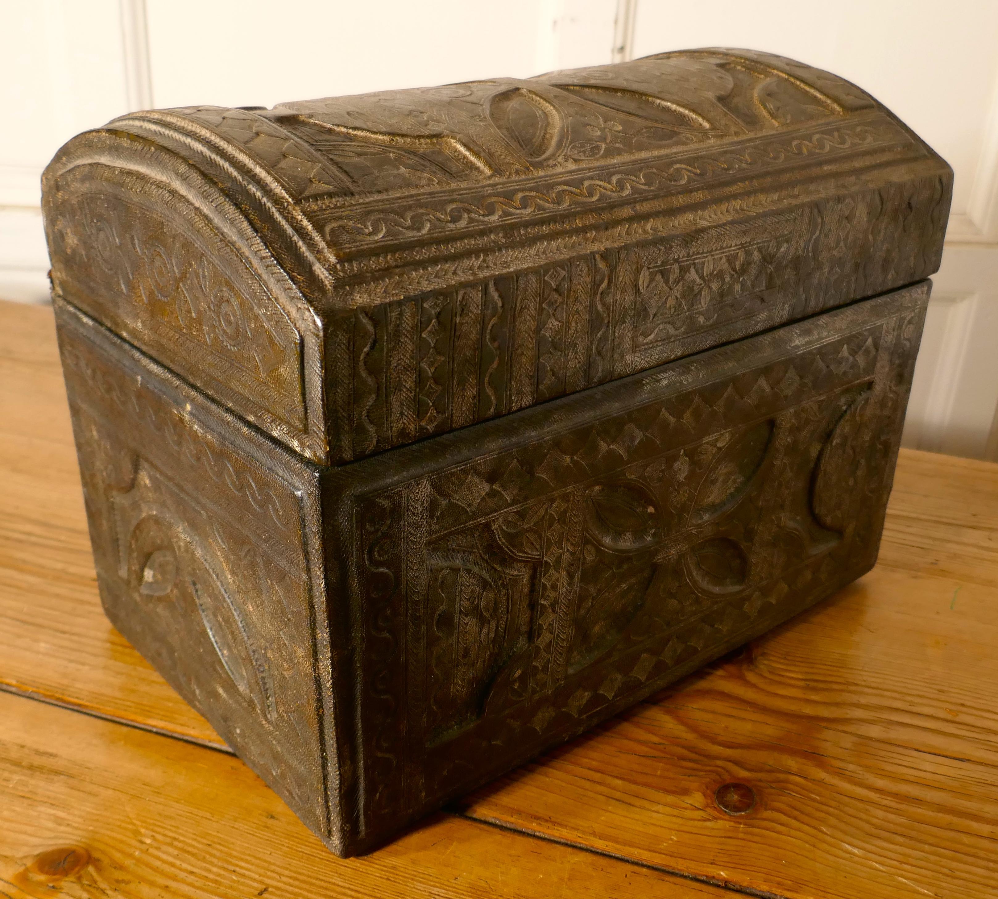 Arts and Crafts Dome Top Tooled Moroccan Leather Treasure Chest
