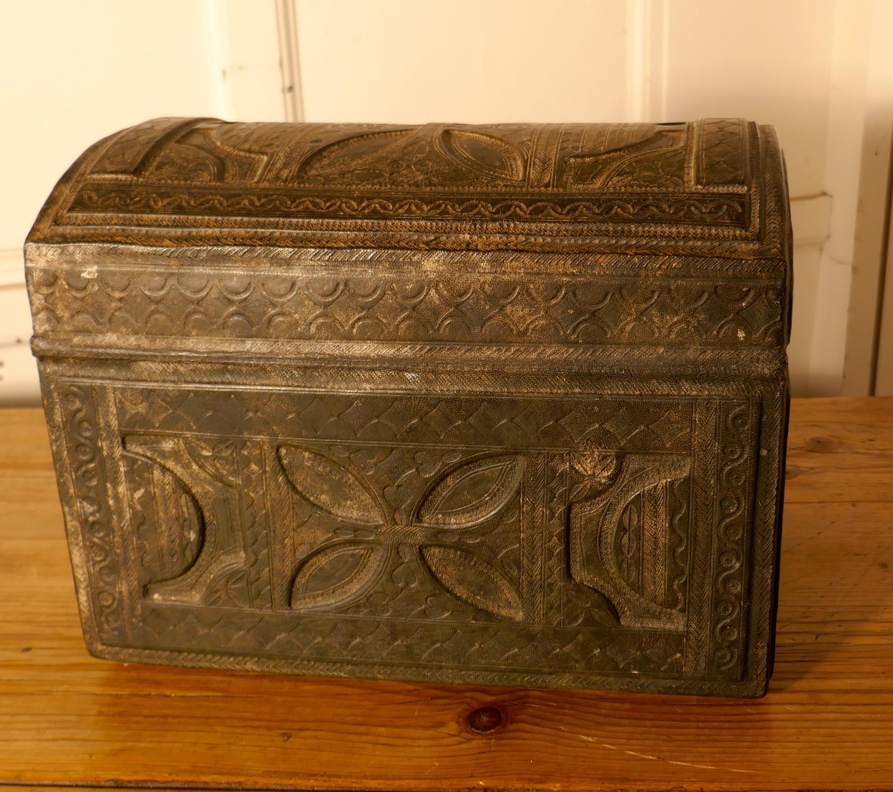 Dome Top Tooled Moroccan Leather Treasure Chest In Good Condition In Chillerton, Isle of Wight