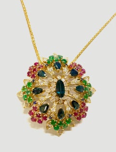 Domed 10 Carat Sapphire Diamond Emerald and Ruby Necklace Pendant
