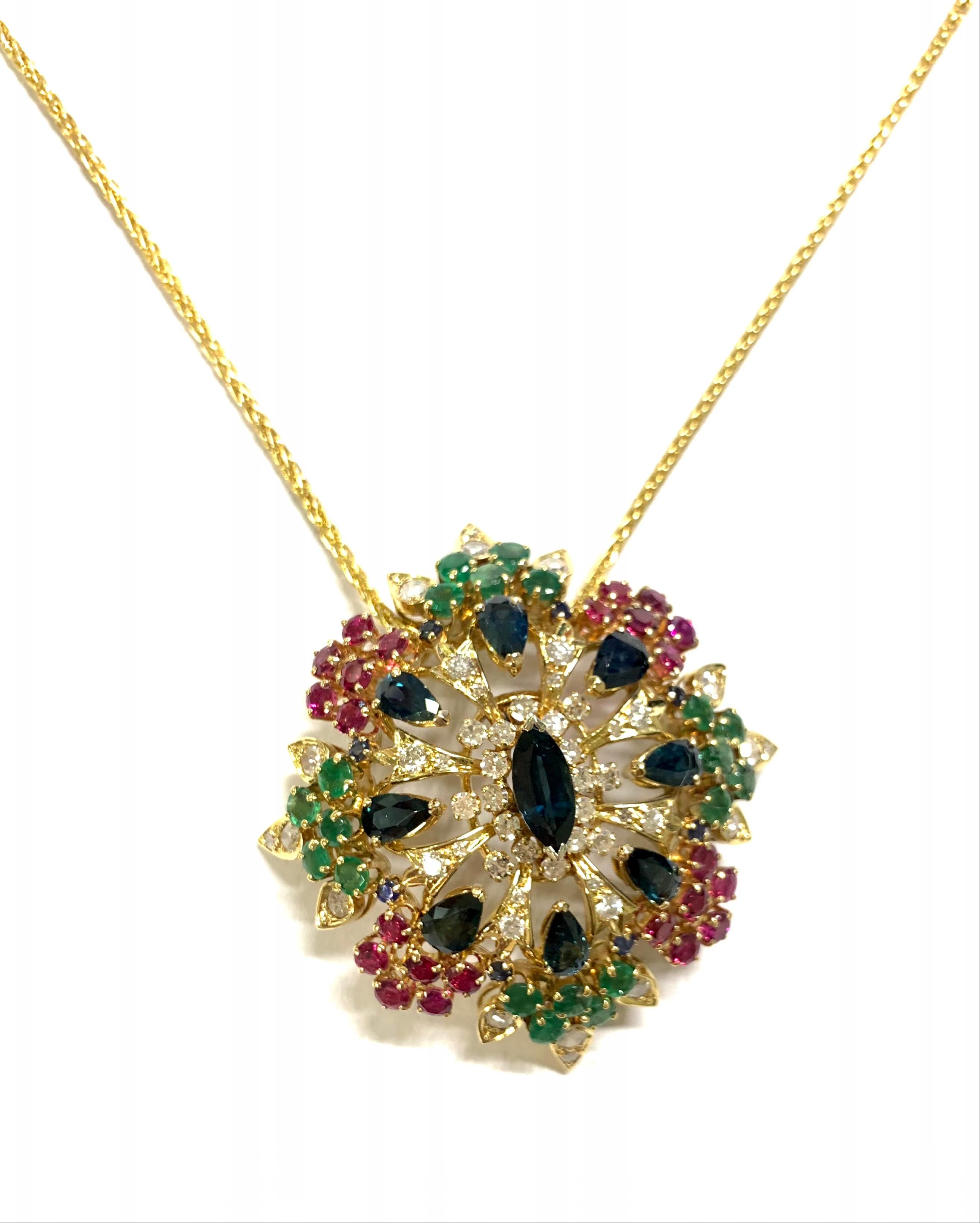 Modern Domed 10 Carat Sapphire Diamond Emerald and Ruby Necklace Pendant For Sale
