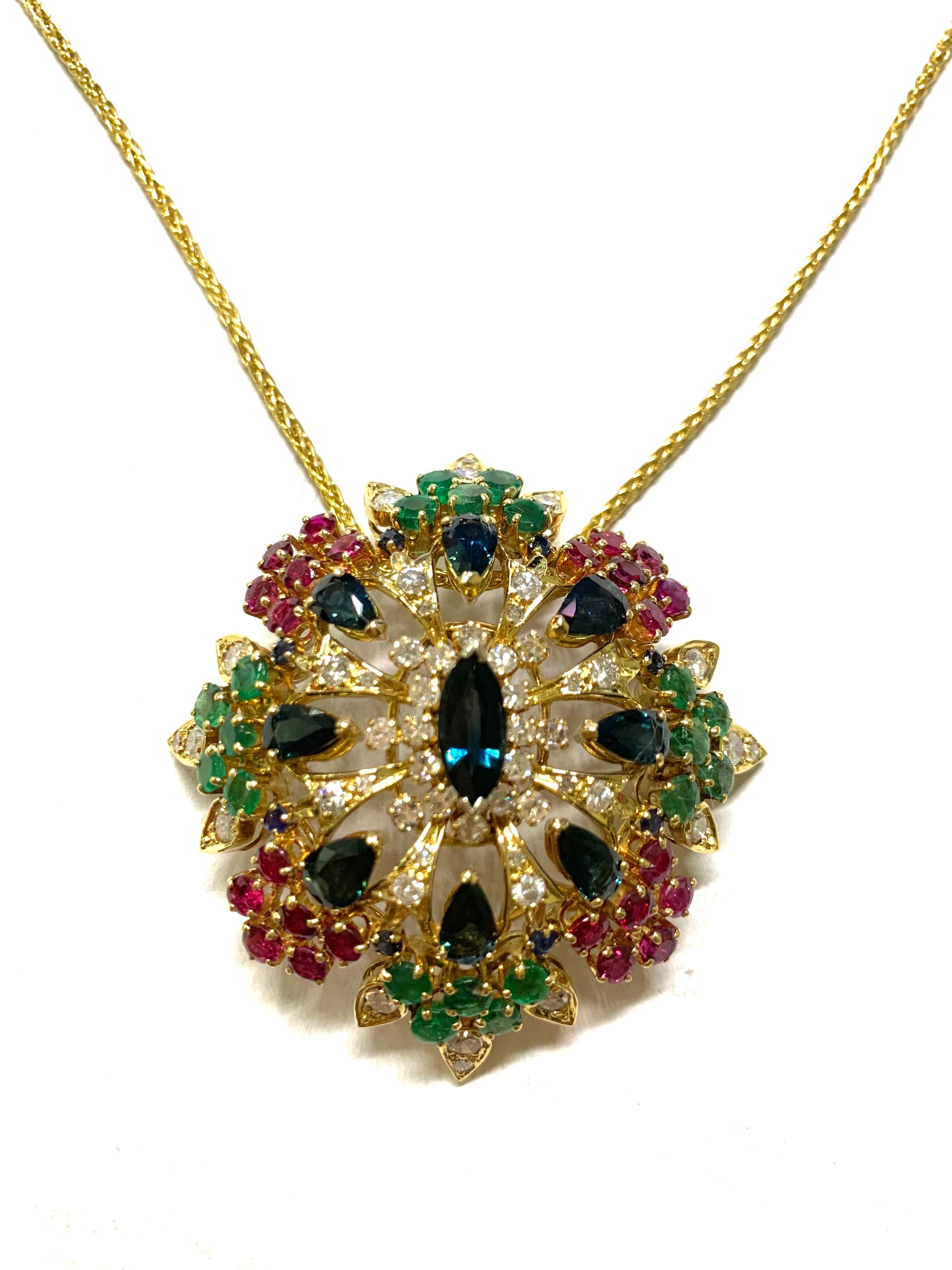 Marquise Cut Domed 10 Carat Sapphire Diamond Emerald and Ruby Necklace Pendant For Sale