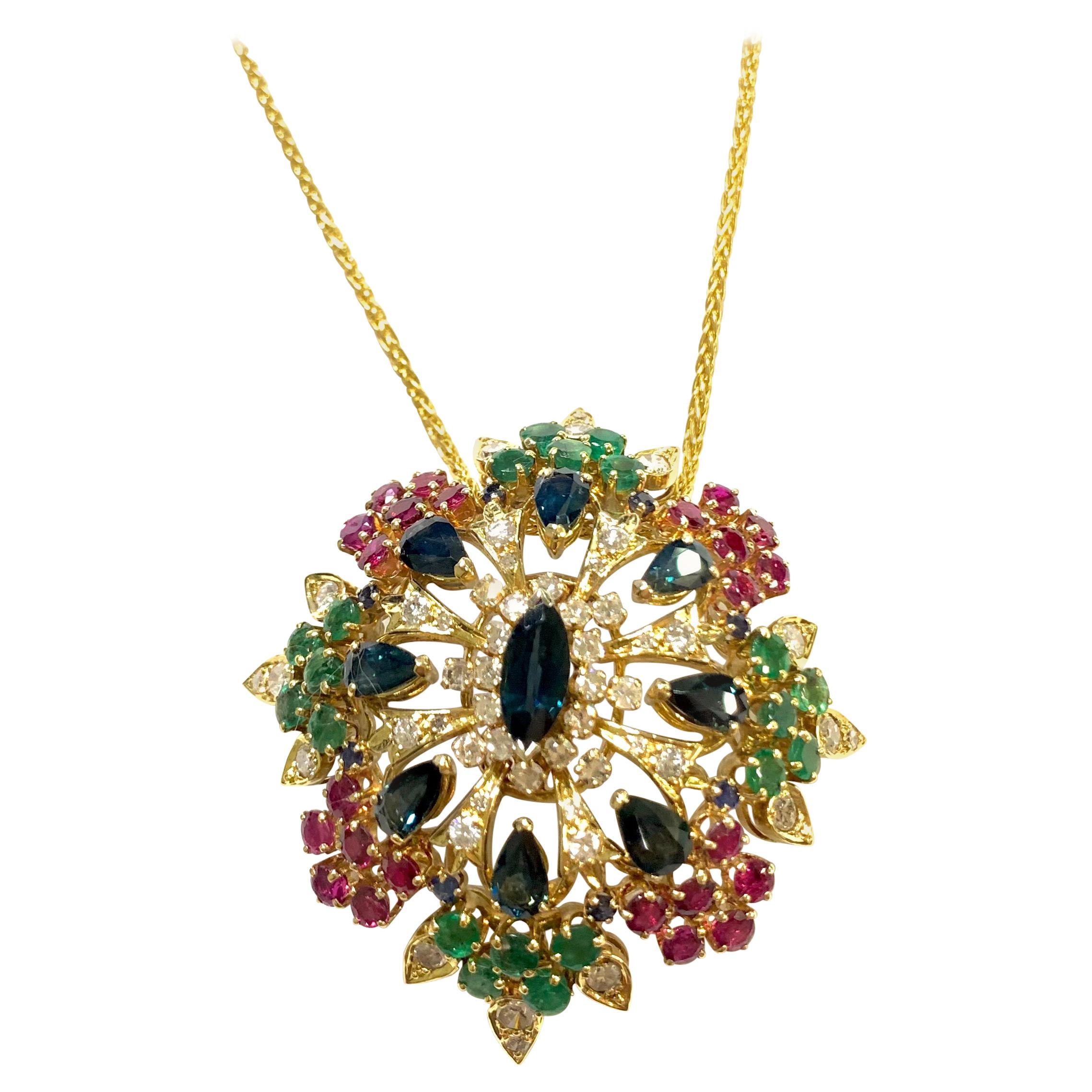 Domed 10 Carat Sapphire Diamond Emerald and Ruby Necklace Pendant For Sale
