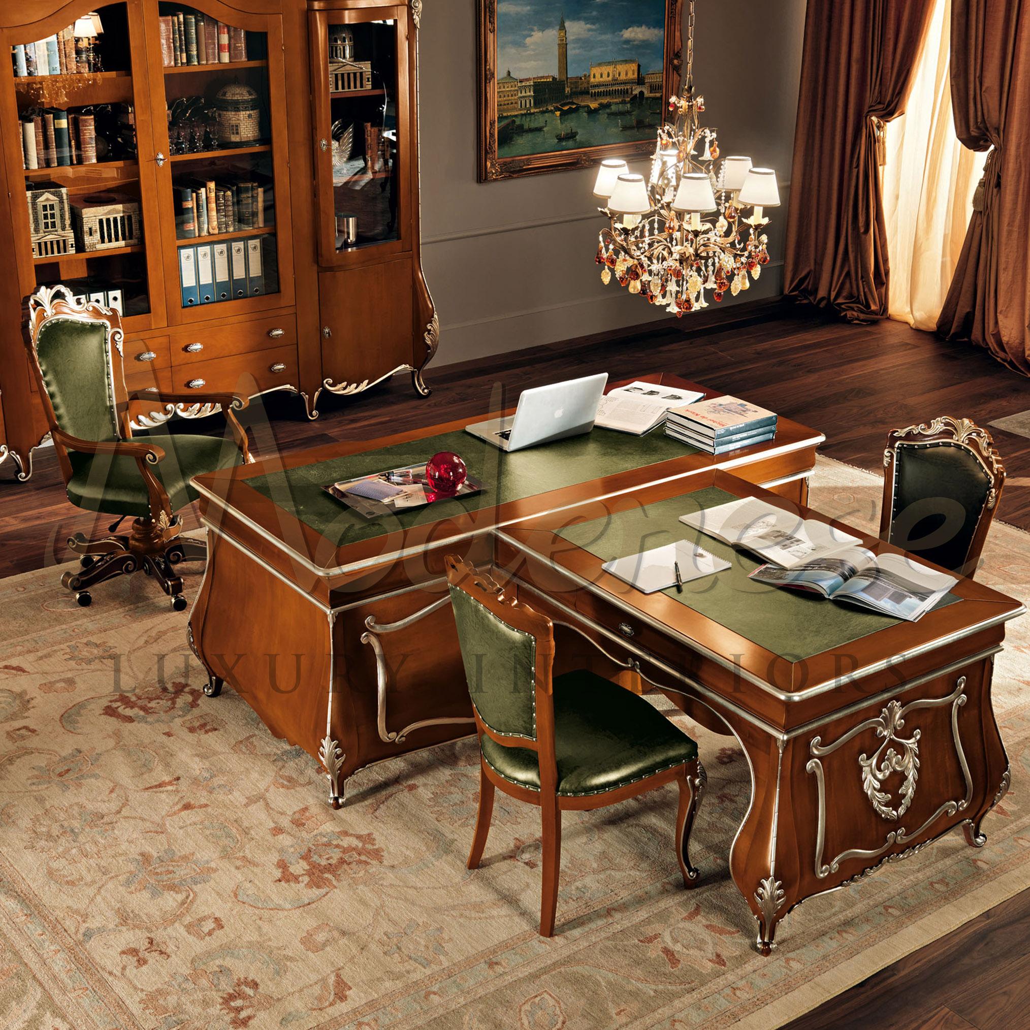 Complete your office with this domed extension desk finely finished in natural walnut and silver leaf decorated carvings. Its curved baroque legs really make a statement, and the real italian green leather on the upper surface is perfect when paired