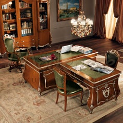 Domed Baroque Extension Table with Silver Leaf Details and Leather Top, Modenese