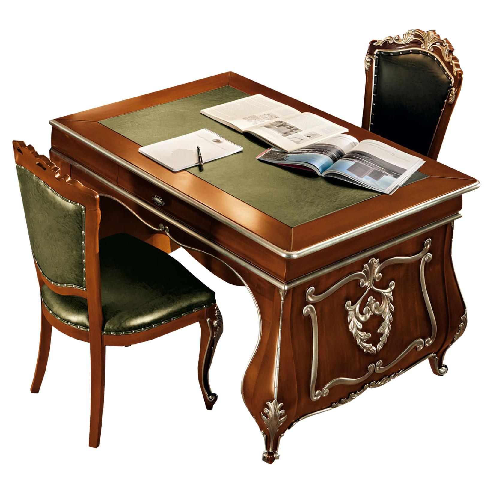 Domed Baroque Extension Table with Silver Leaf Details and Leather Top, Modenese