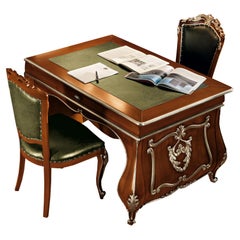 Domed Baroque Extension Table with Silver Leaf Details and Leather Top, Modenese