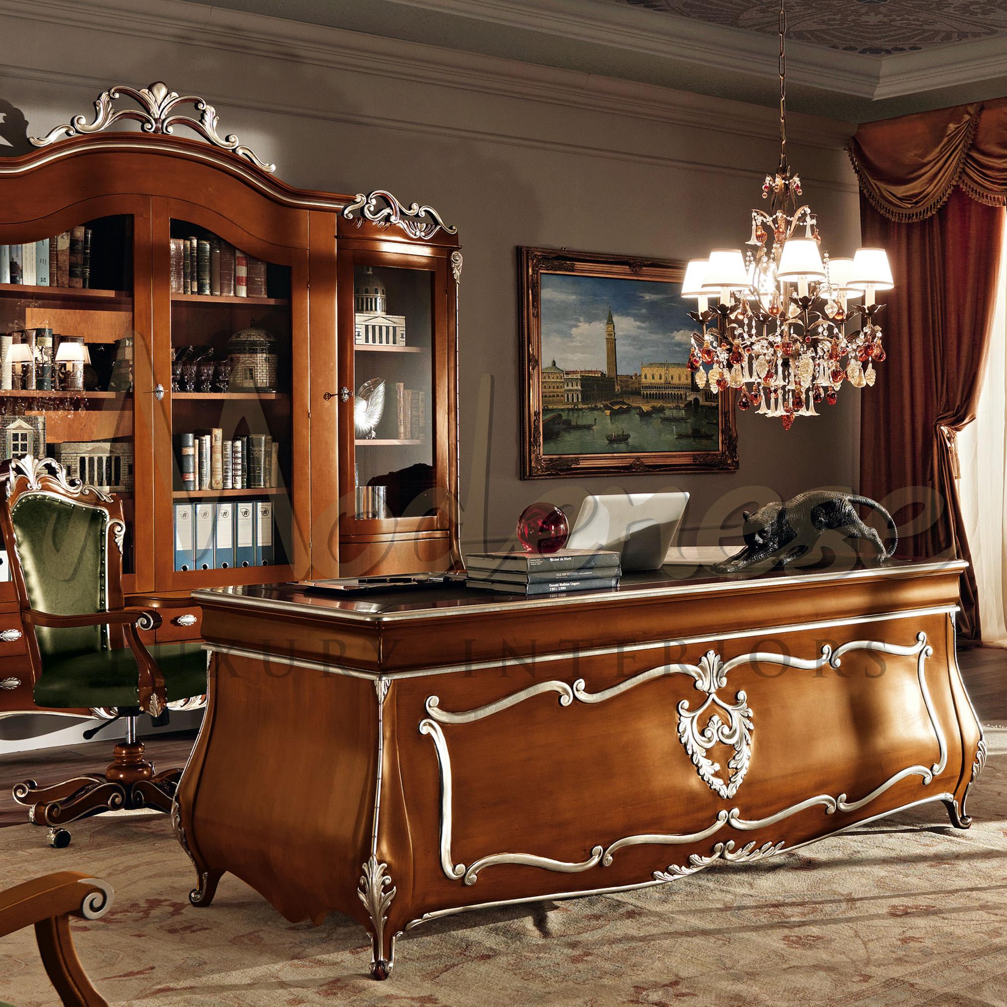 Admire this domed presidential office desk finely finished in natural walnut and silver leaf decorated carvings. Its curved baroque legs really make a statement, and the real italian green leather on the upper surface is perfect when paired with the