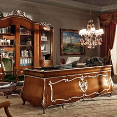 Domed Baroque Office Desk with Silver Leaf Details and Leather Top by Modenese