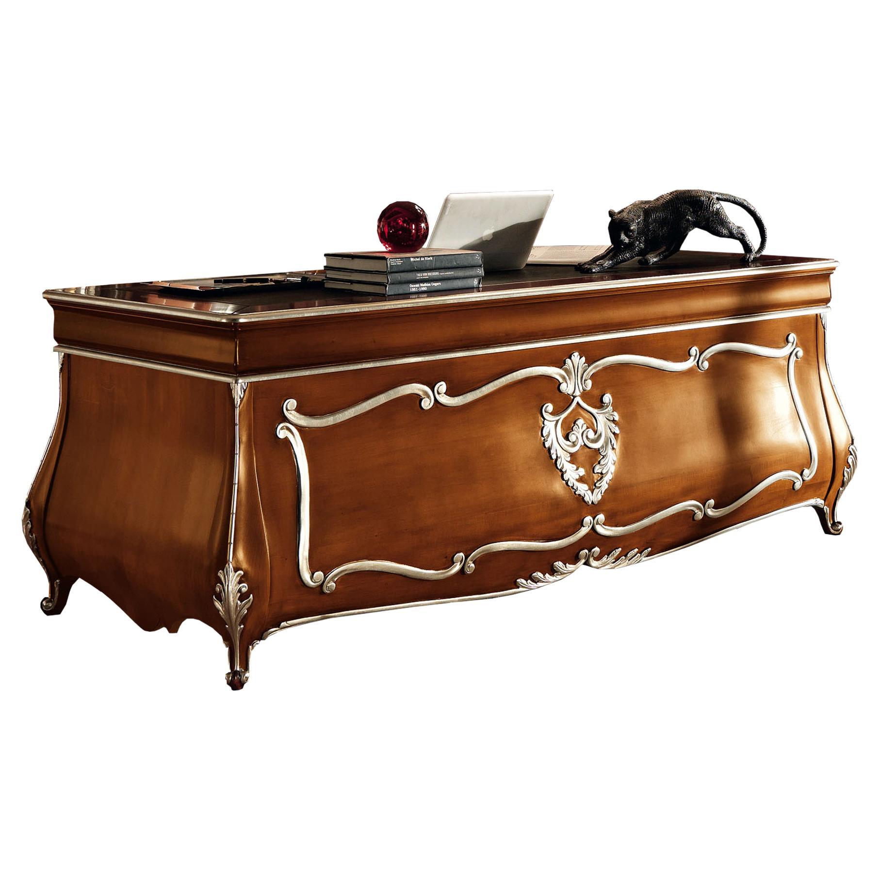 Domed Baroque Office Desk with Silver Leaf Details and Leather Top by Modenese For Sale
