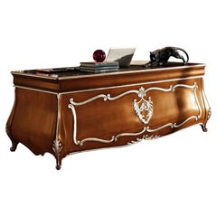 Domed Baroque Office Desk with Silver Leaf Details and Leather Top by Modenese