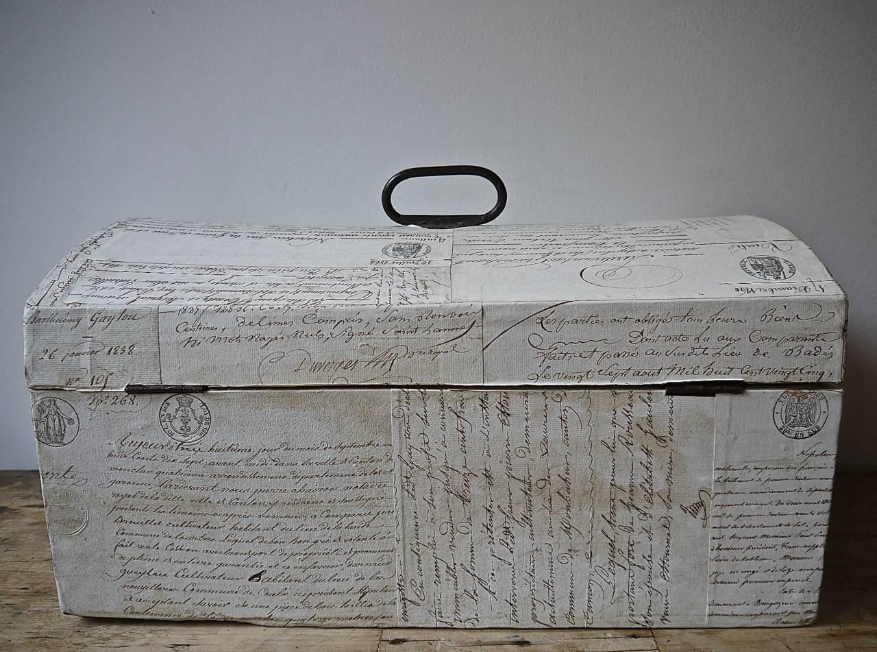 Wood Domed Box Customised with 19th Century Paper Documents French, circa 1860s For Sale