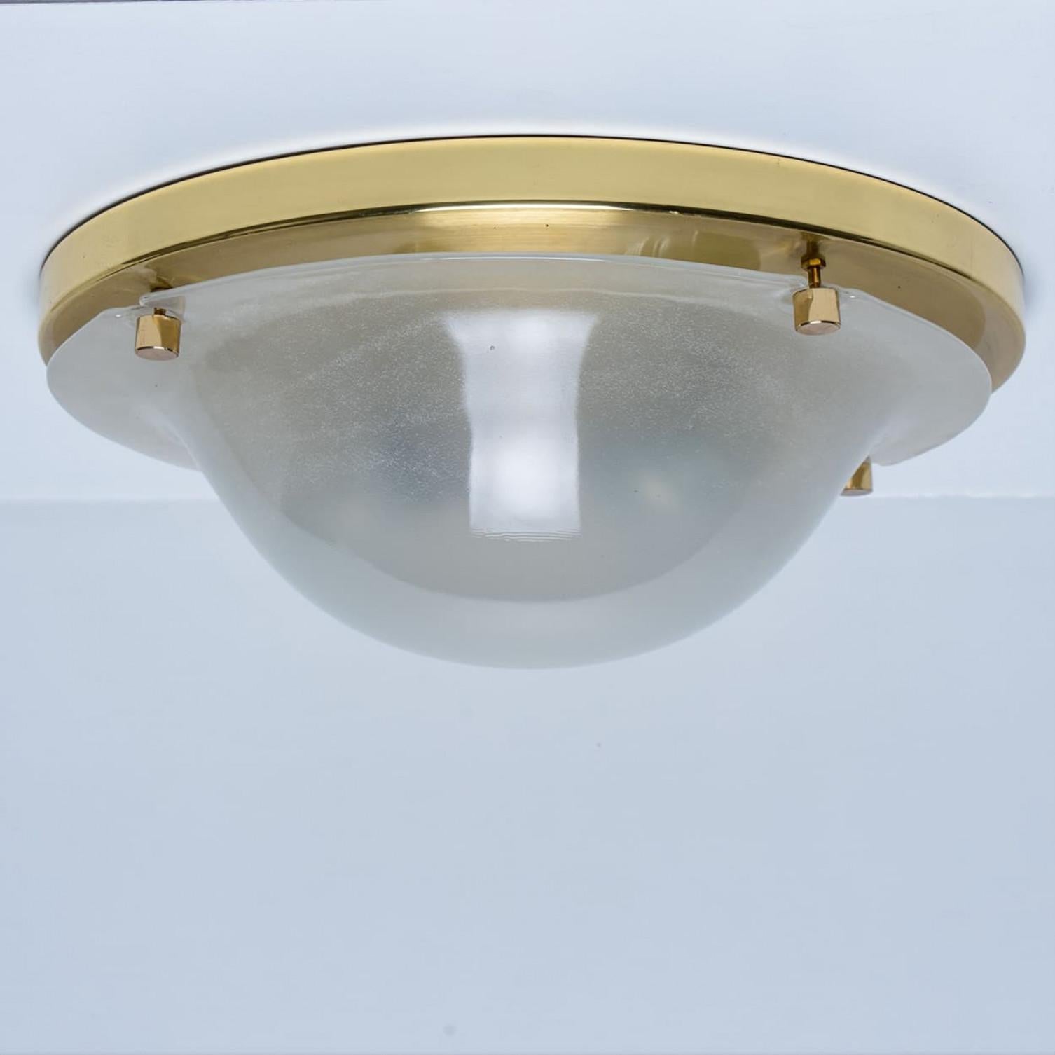 Mid-Century Modern Domed Brass and Frosted Glass Flush Mount by Hillebrand, 1960s For Sale