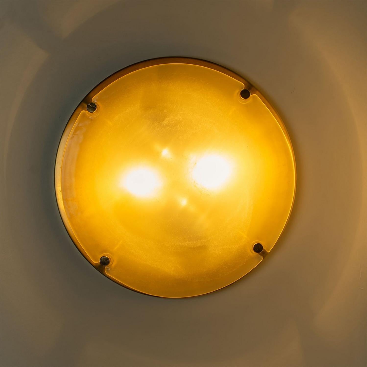 German Domed Brass and Frosted Glass Flush Mount by Hillebrand, 1960s For Sale