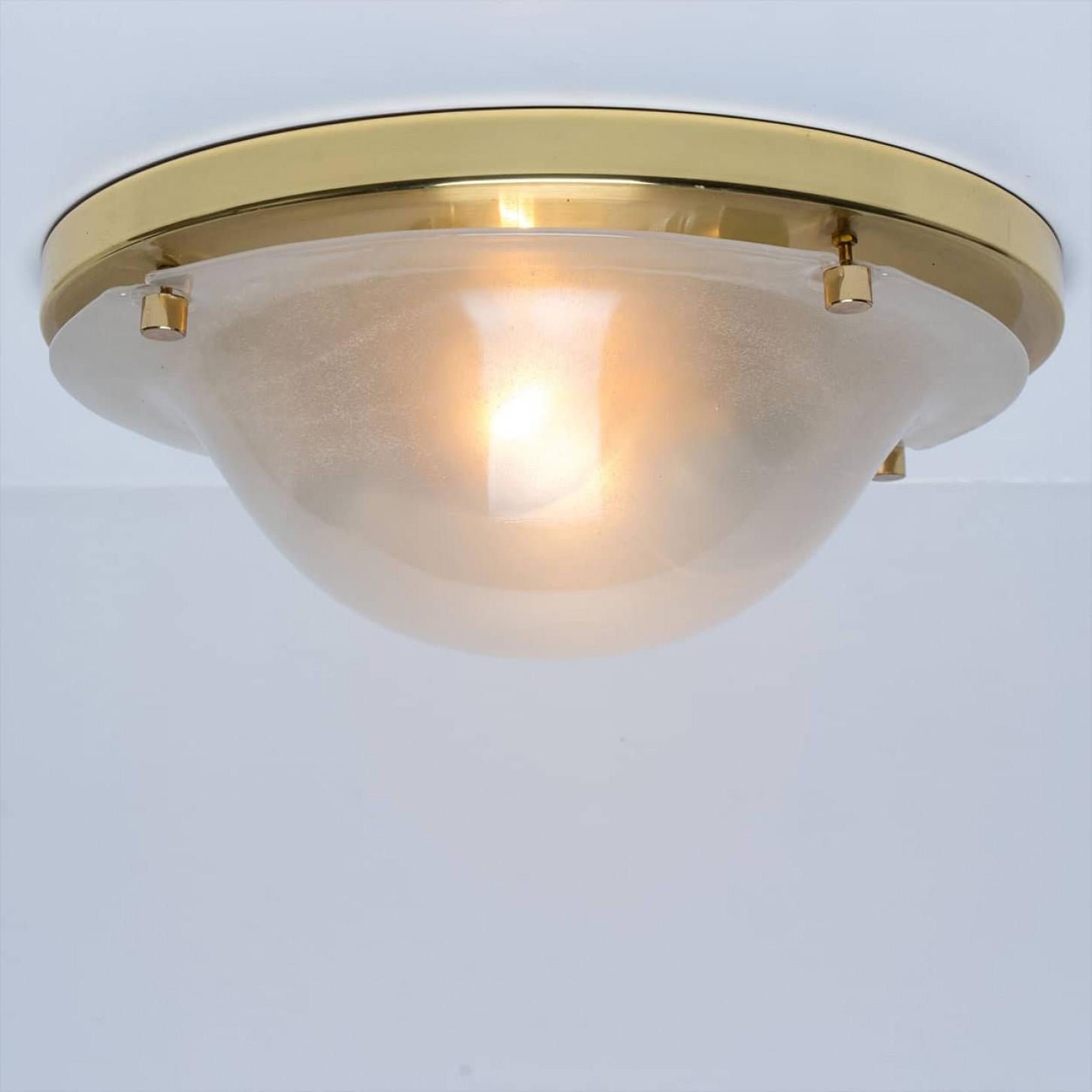 Other Domed Brass and Frosted Glass Flush Mount by Hillebrand, 1960s For Sale