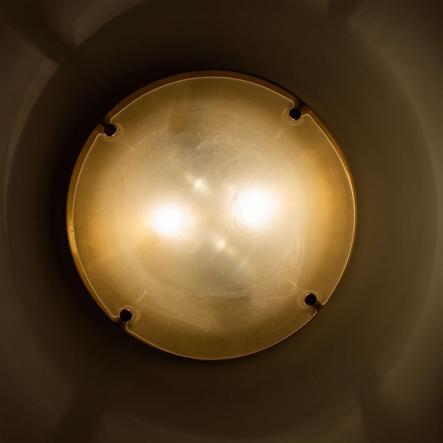 Domed Brass and Frosted Glass Flush Mount by Hillebrand, 1960s In Good Condition For Sale In Rijssen, NL