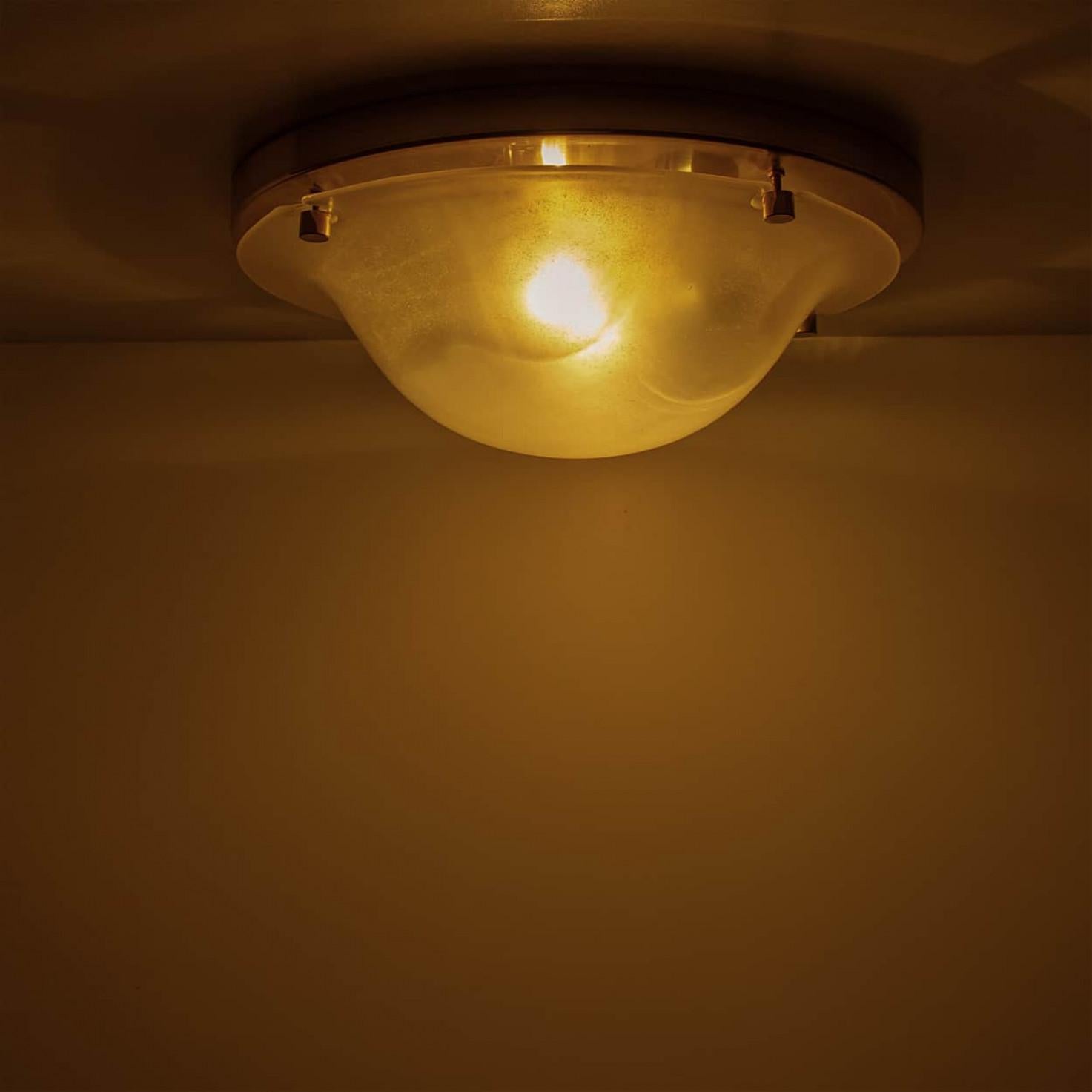 Mid-20th Century Domed Brass and Frosted Glass Flush Mount by Hillebrand, 1960s For Sale