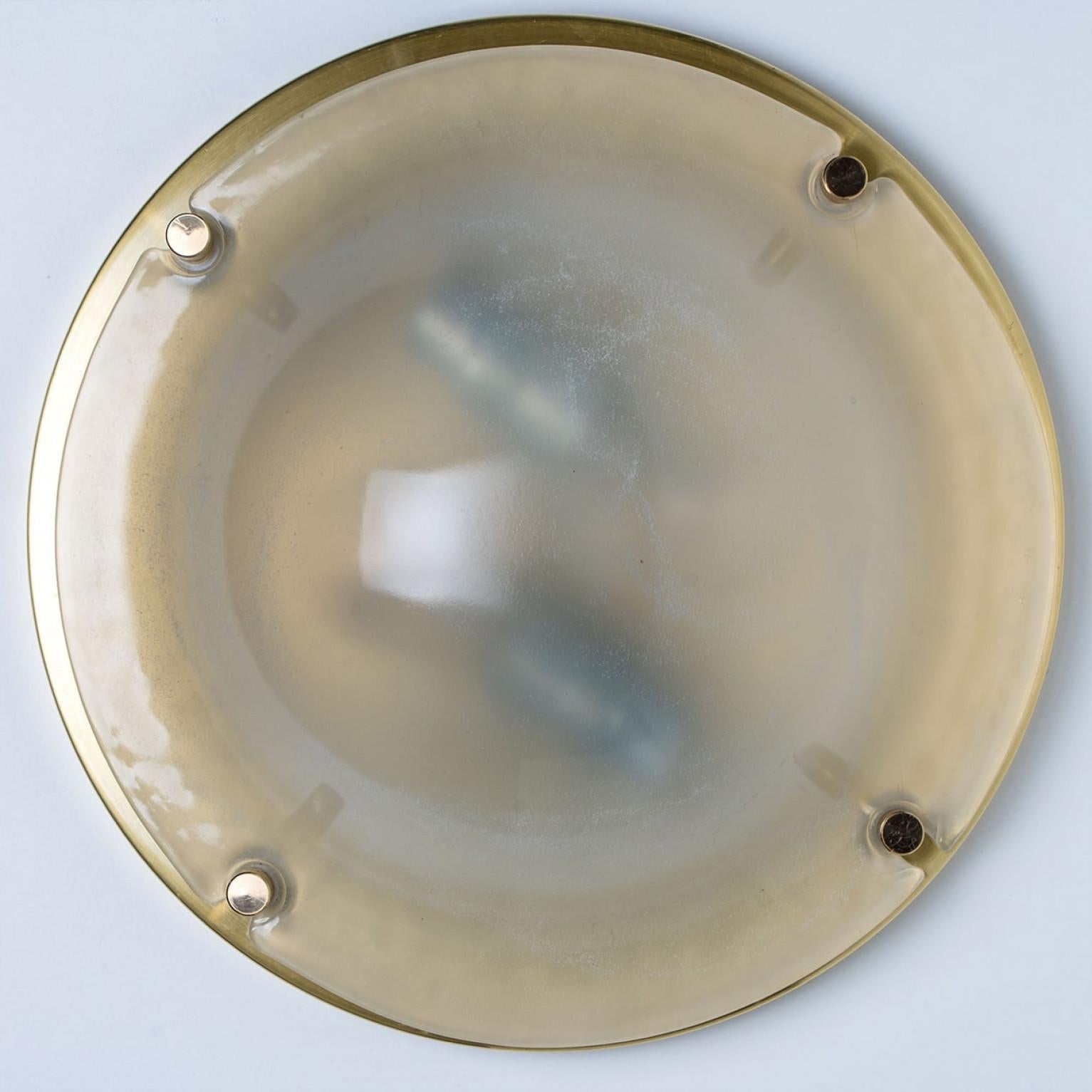 Domed Brass and Frosted Glass Flush Mount by Hillebrand, 1960s For Sale 1