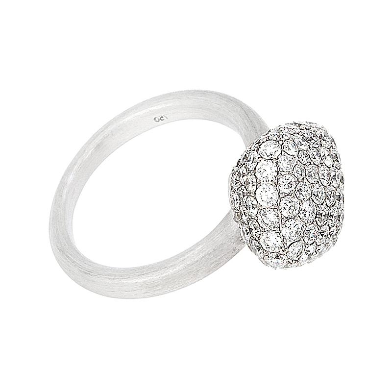 An amazing quality diamond ring featuring 2.67 carats of colorless VVS quality diamonds, domed down to the base of the ring.  The diamonds are of the highest quality, sparkling from a mile away. For the ultimate adornment, the band has a unique soft