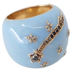 Domed Cocktail Ring Light Blue Enamel Black Diamond Star
