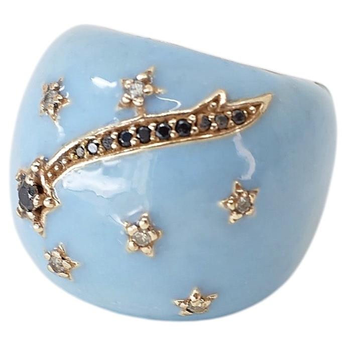 Gewölbter Cocktailring, hellblaues Emaille, schwarzer Diamant, Stern