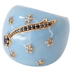 Domed Cocktail Ring Light Blue Enamel Black Diamond Star
