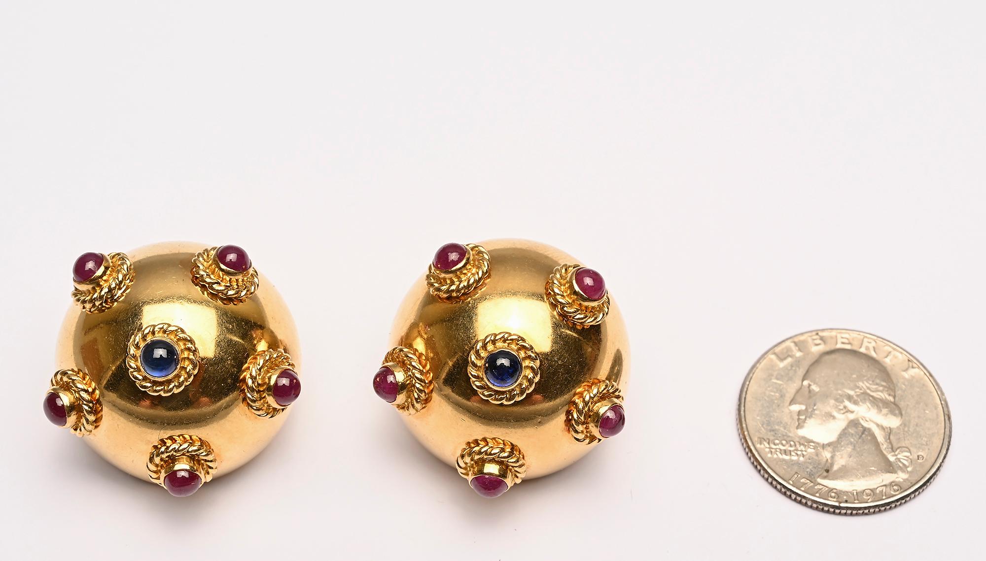 Modern Domed Earrings with Sapphires and Rubies For Sale